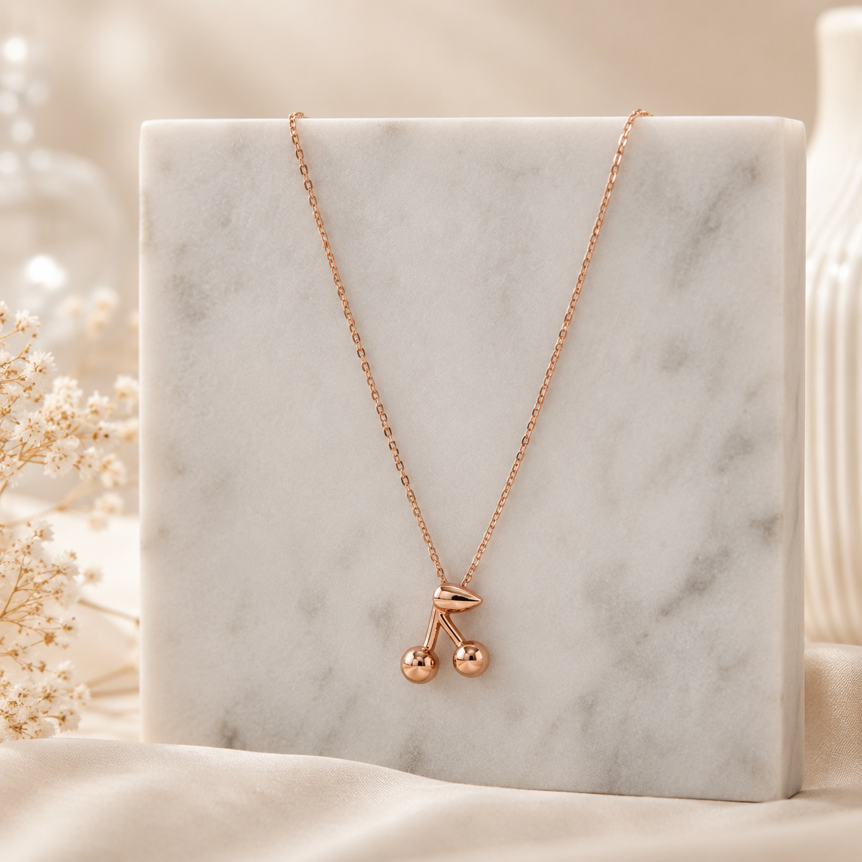 Sweet Cherry Rose Gold Pendant Necklace for Women | Minimalist Cherry Necklace