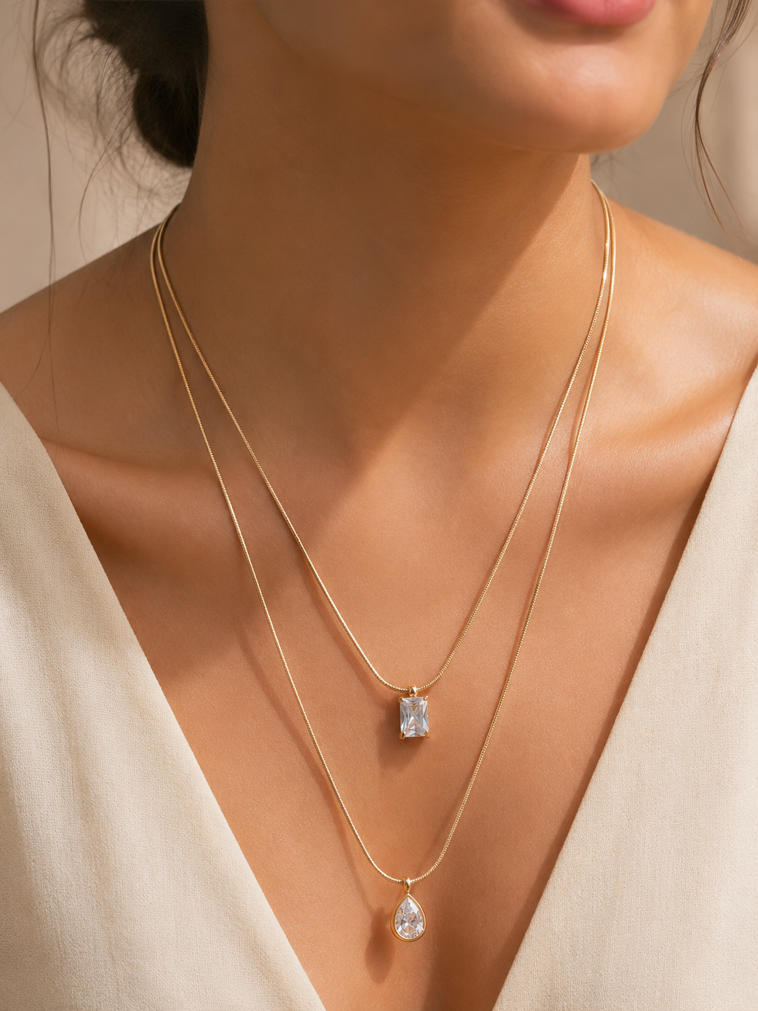 Minimalist Layered Diomonds Pendant Necklace for Women & Girls | Double Layer Diomond Necklace
