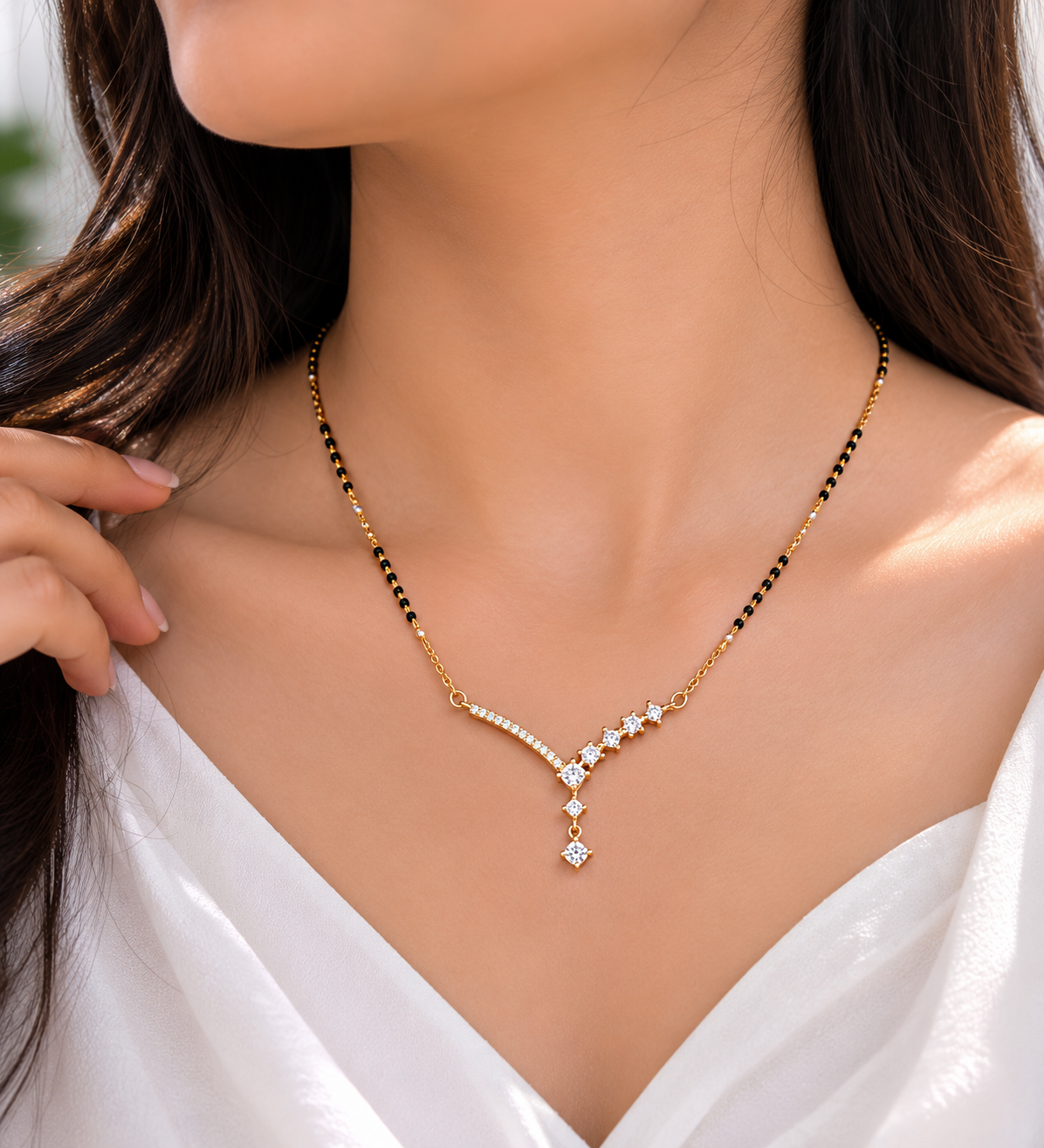925 Sterling Silver V Shape Mangalsutra Necklace for Women | 18K Gold Plated CZ Diamond Pendant | Rose Gold Plated Available