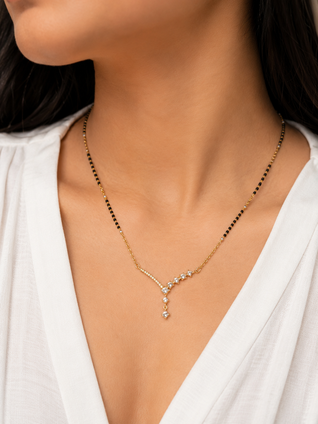 925 Sterling Silver V Shape Mangalsutra Necklace for Women | 18K Gold Plated CZ Diamond Pendant | Rose Gold Plated Available