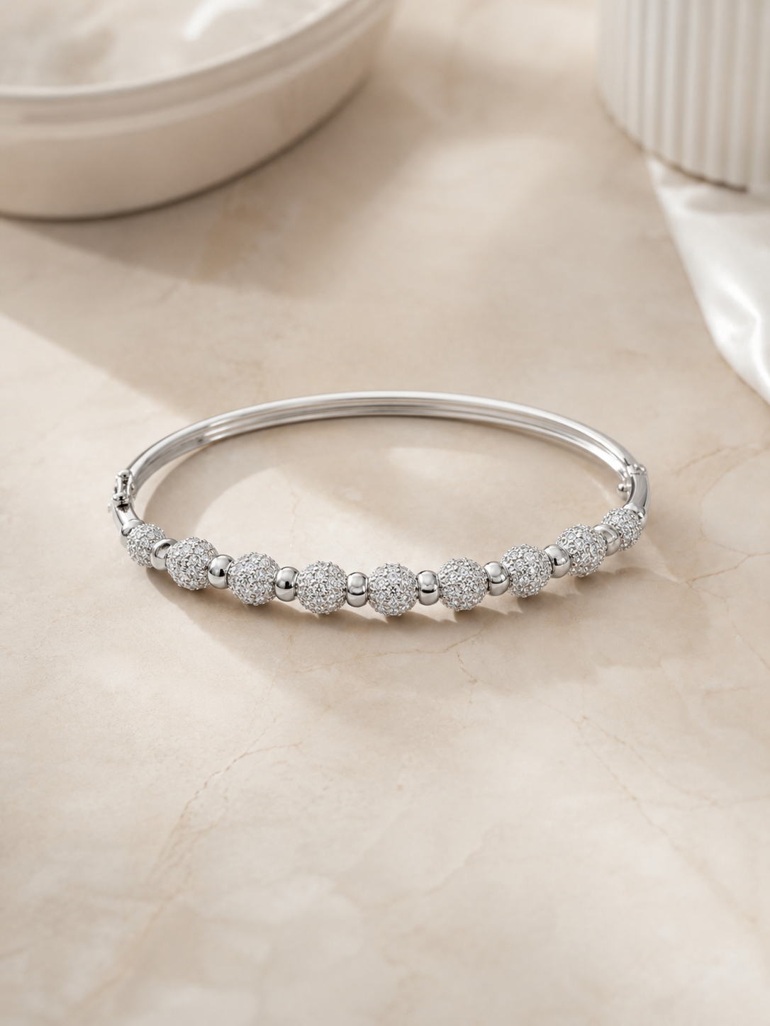 925 Sterling Silver CZ Ball Bangle Bracelet for Women | Rhodium Plated | Premium Crystal Bracelet