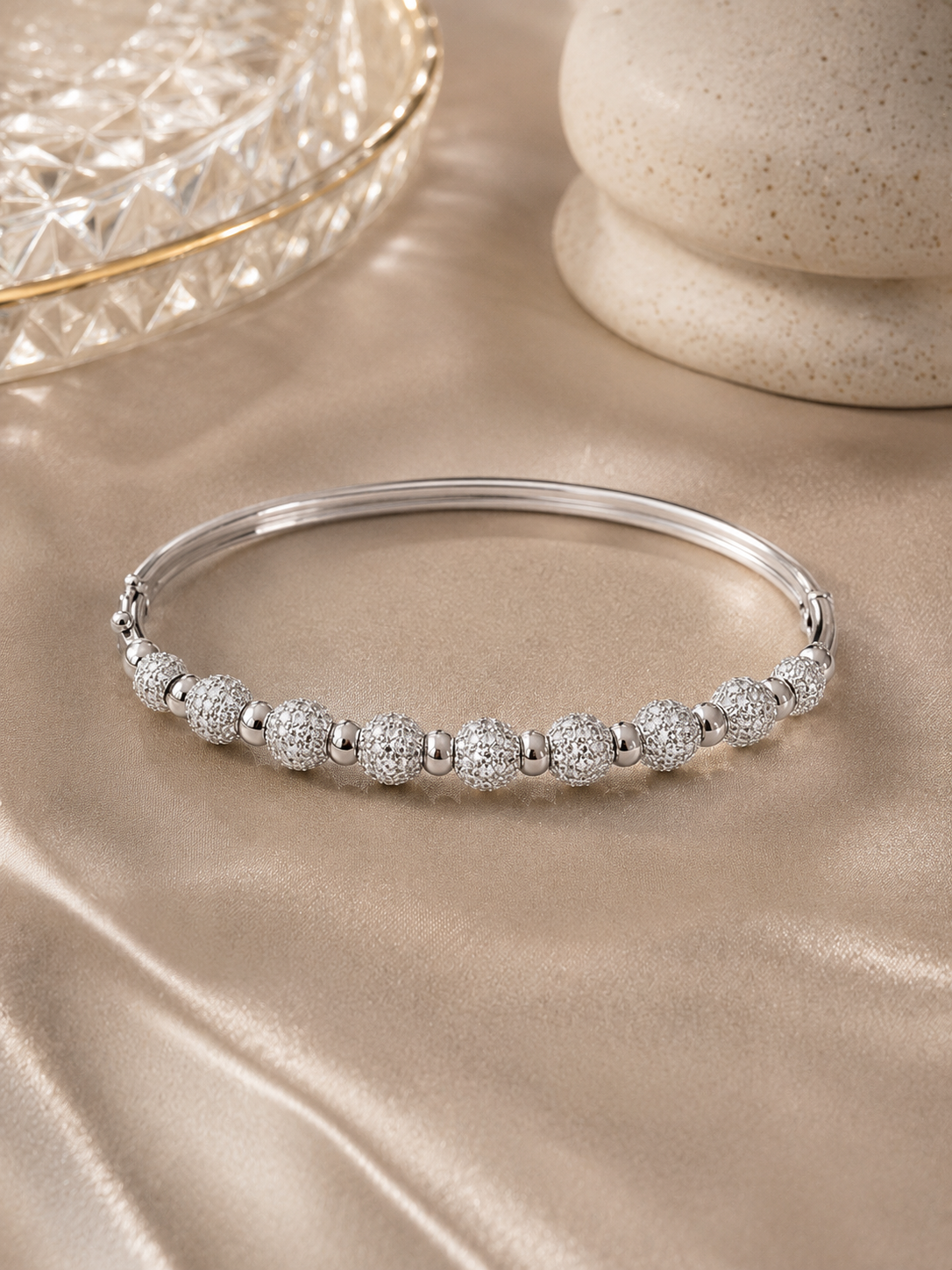 925 Sterling Silver CZ Ball Bangle Bracelet for Women | Rhodium Plated | Premium Crystal Bracelet