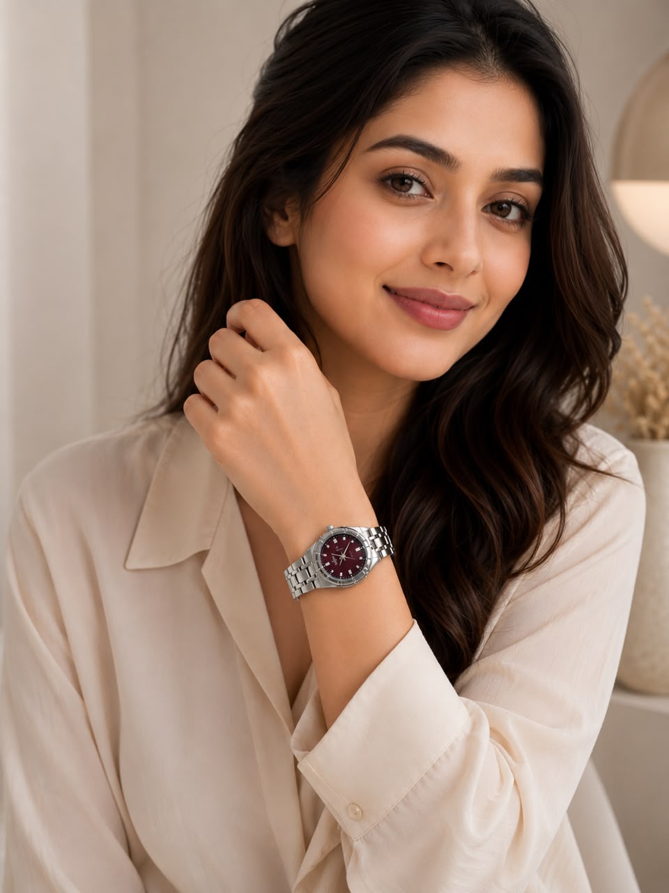 Scottie Girls Women's Silver Stainless Steel Watch with Burgundy Dial | Elegant Analog Wrist Watch