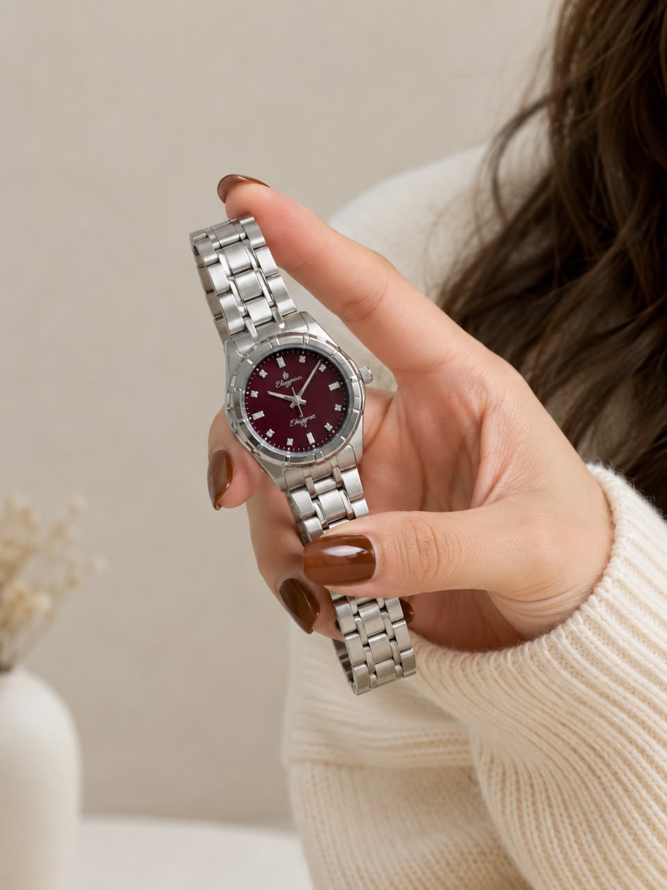 Scottie Girls Women's Silver Stainless Steel Watch with Burgundy Dial | Elegant Analog Wrist Watch