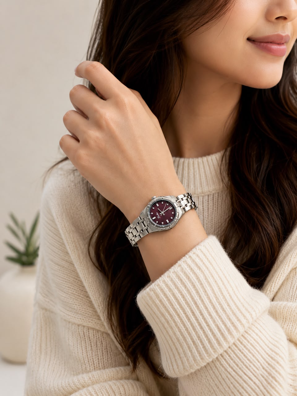 Scottie Girls Women's Silver Stainless Steel Watch with Burgundy Dial | Elegant Analog Wrist Watch