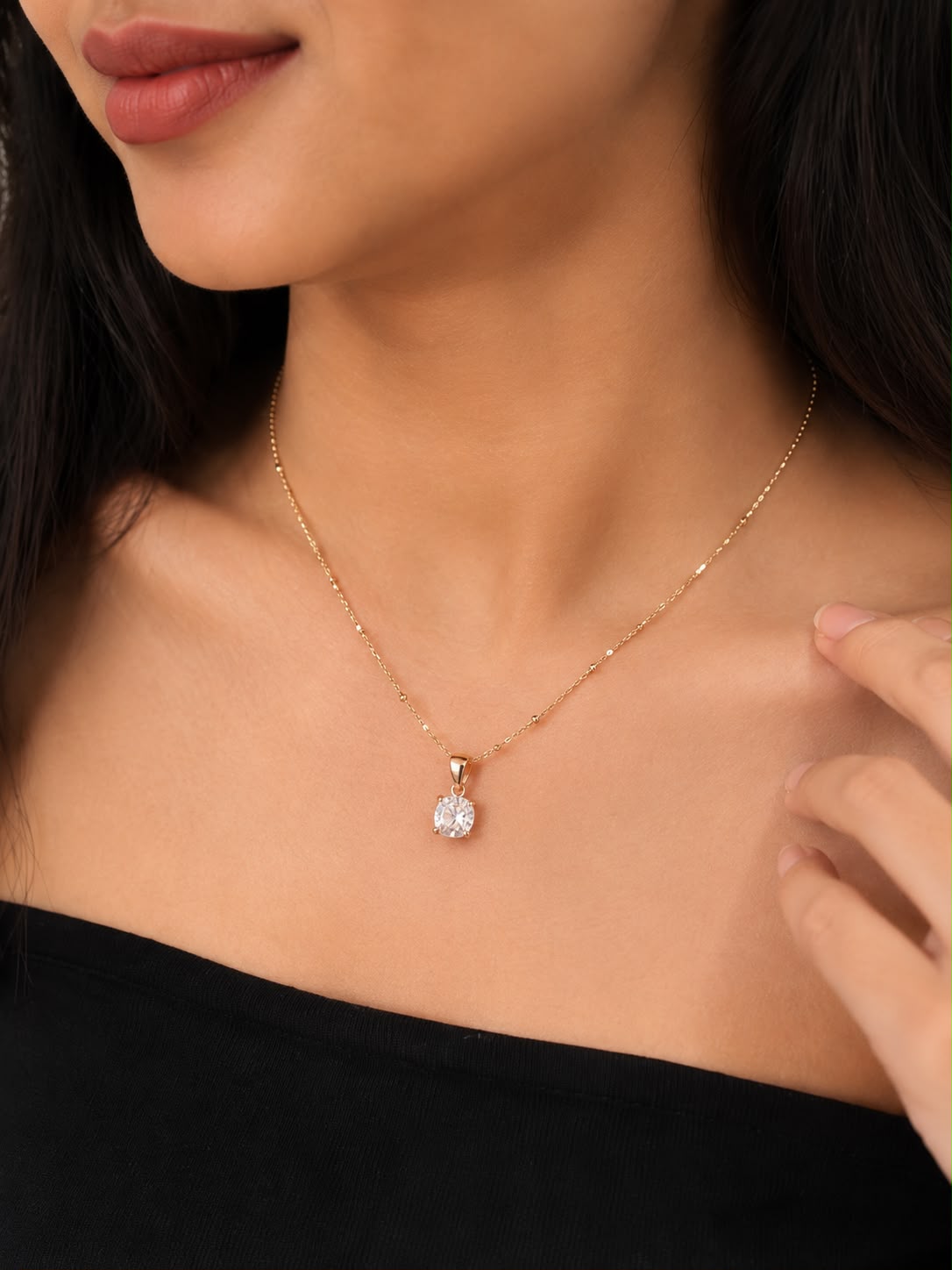 Gold Tone Solitaire Diamond Pendant Necklace for Women & Girls | Minimal Crystal Necklace