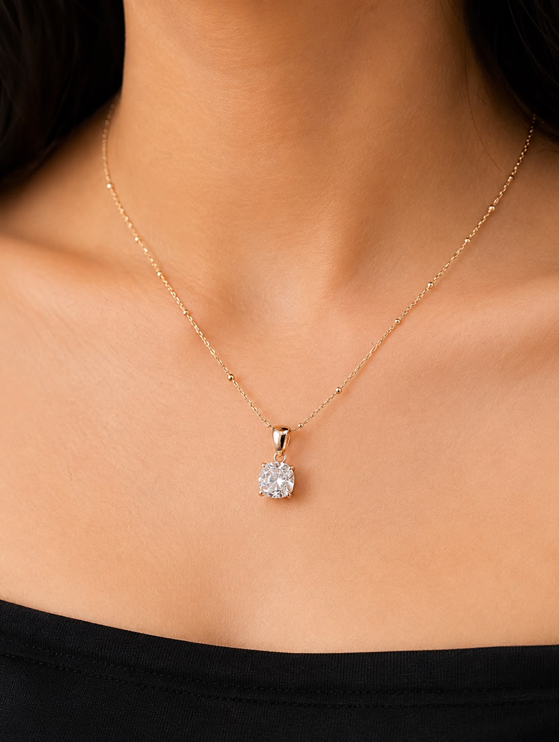 Gold Tone Solitaire Diamond Pendant Necklace for Women & Girls | Minimal Crystal Necklace