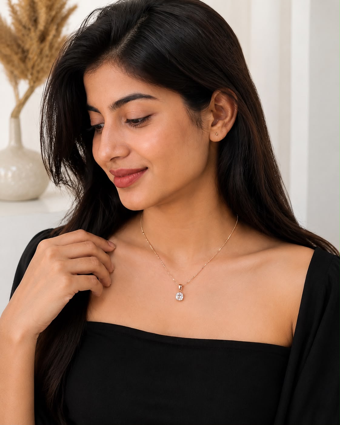 Gold Tone Solitaire Diamond Pendant Necklace for Women & Girls | Minimal Crystal Necklace