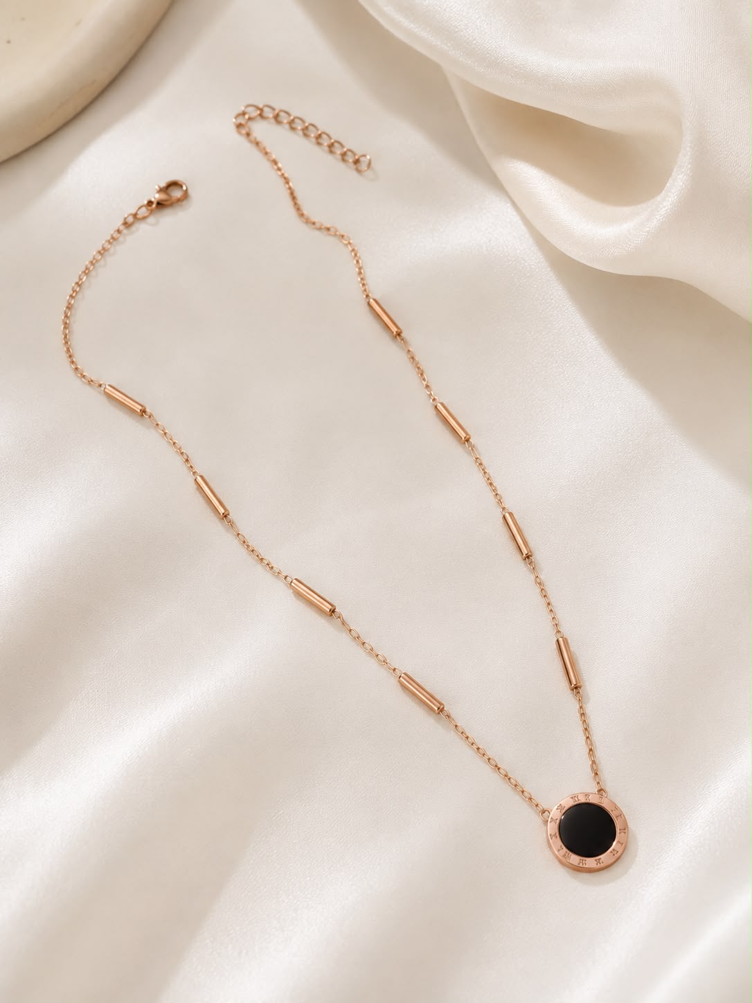 Rose Gold Black Round Pendant Necklace for Women & Girls | Minimalist Daily Wear Chain