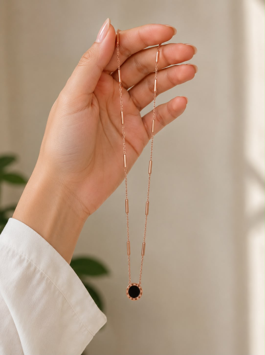 Rose Gold Black Round Pendant Necklace for Women & Girls | Minimalist Daily Wear Chain
