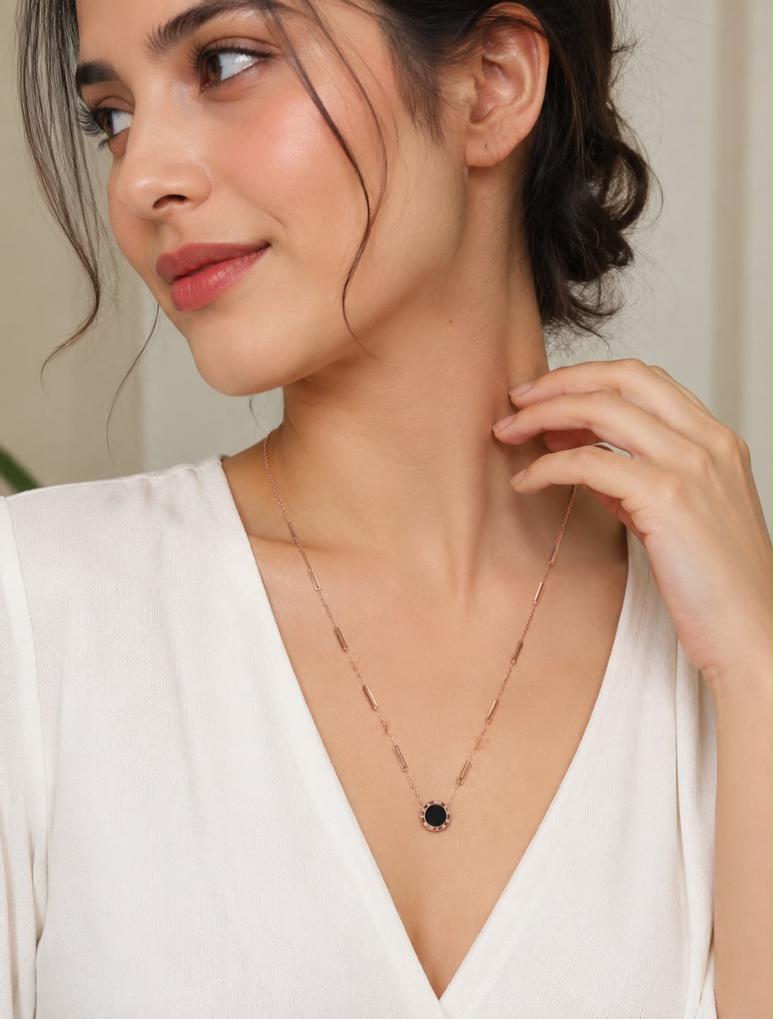 Rose Gold Black Round Pendant Necklace for Women & Girls | Minimalist Daily Wear Chain