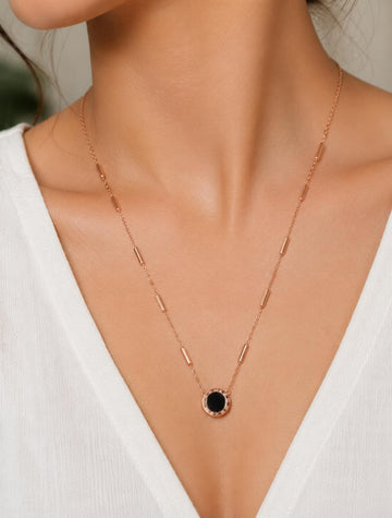 Rose Gold Black Round Pendant Necklace for Women & Girls | Minimalist Daily Wear Chain