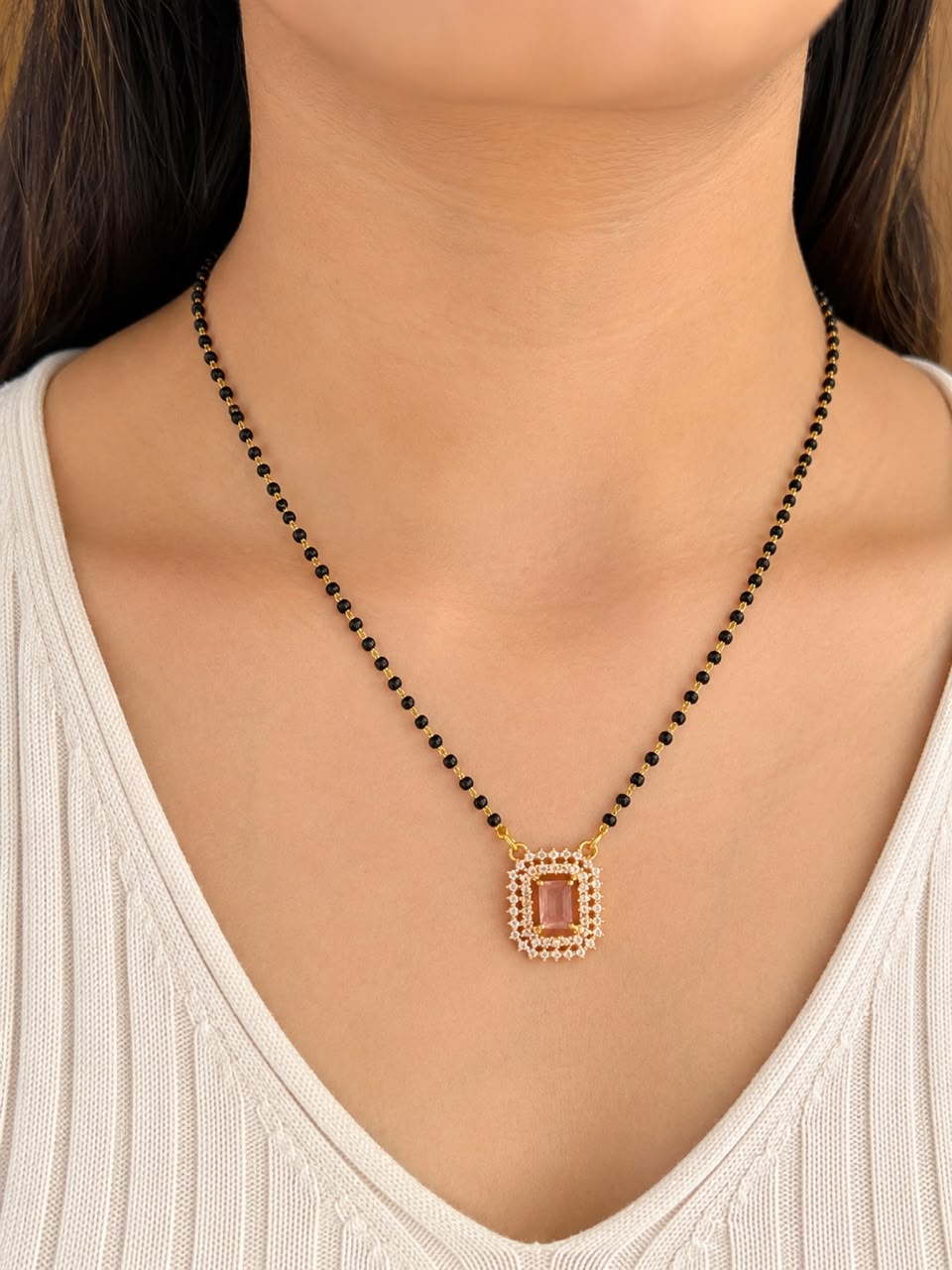Gold Tone Pink Stone Mangalsutra for Women | Diamond Accent Daily Wear Mangalsutra