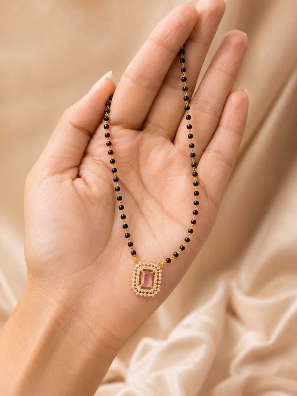Gold Tone Pink Stone Mangalsutra for Women | Diamond Accent Daily Wear Mangalsutra