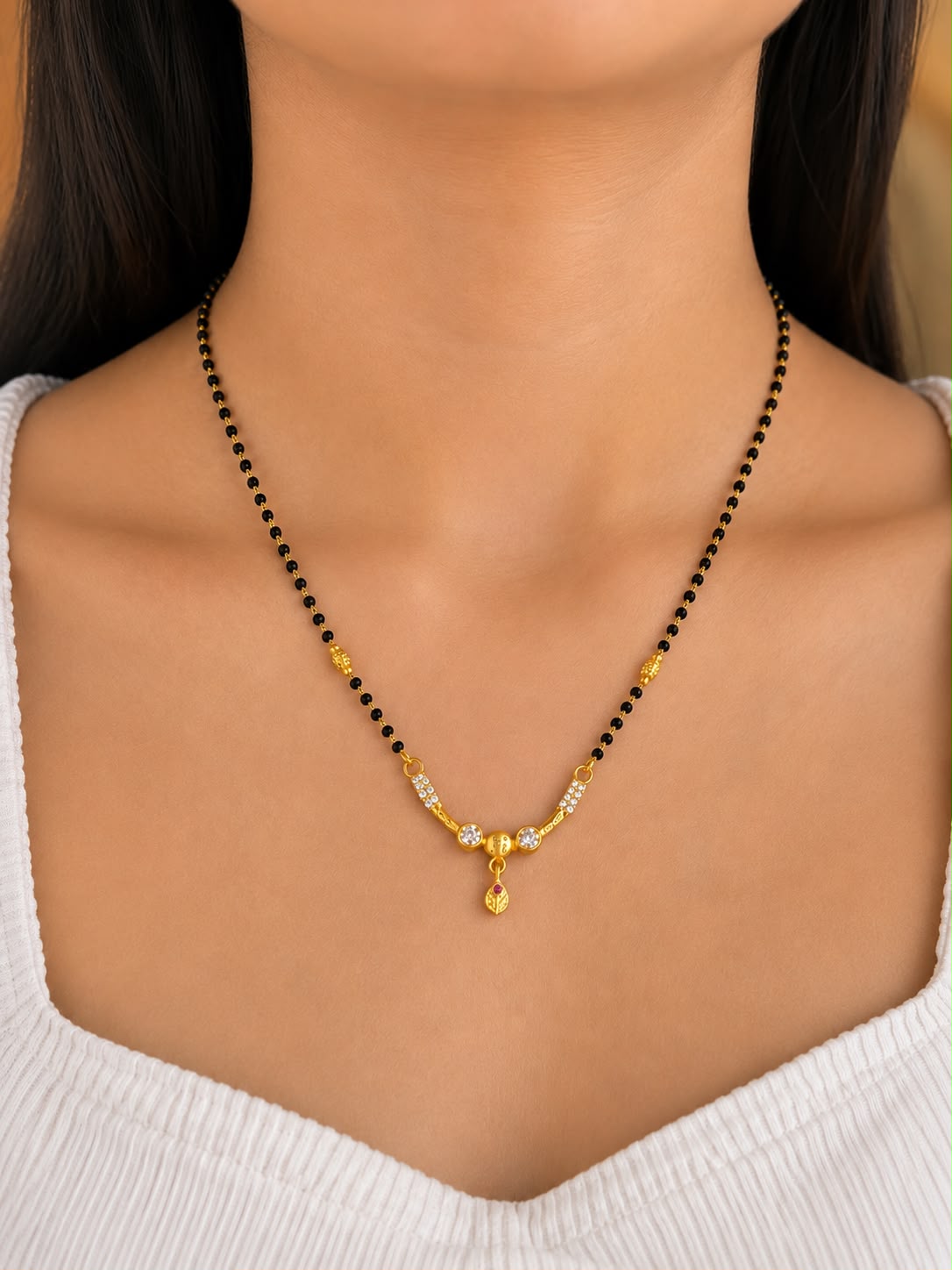 Gold Tone Diamond Mangalsutra for Women | Traditional Black Bead Daily Wear Mangalsutra
