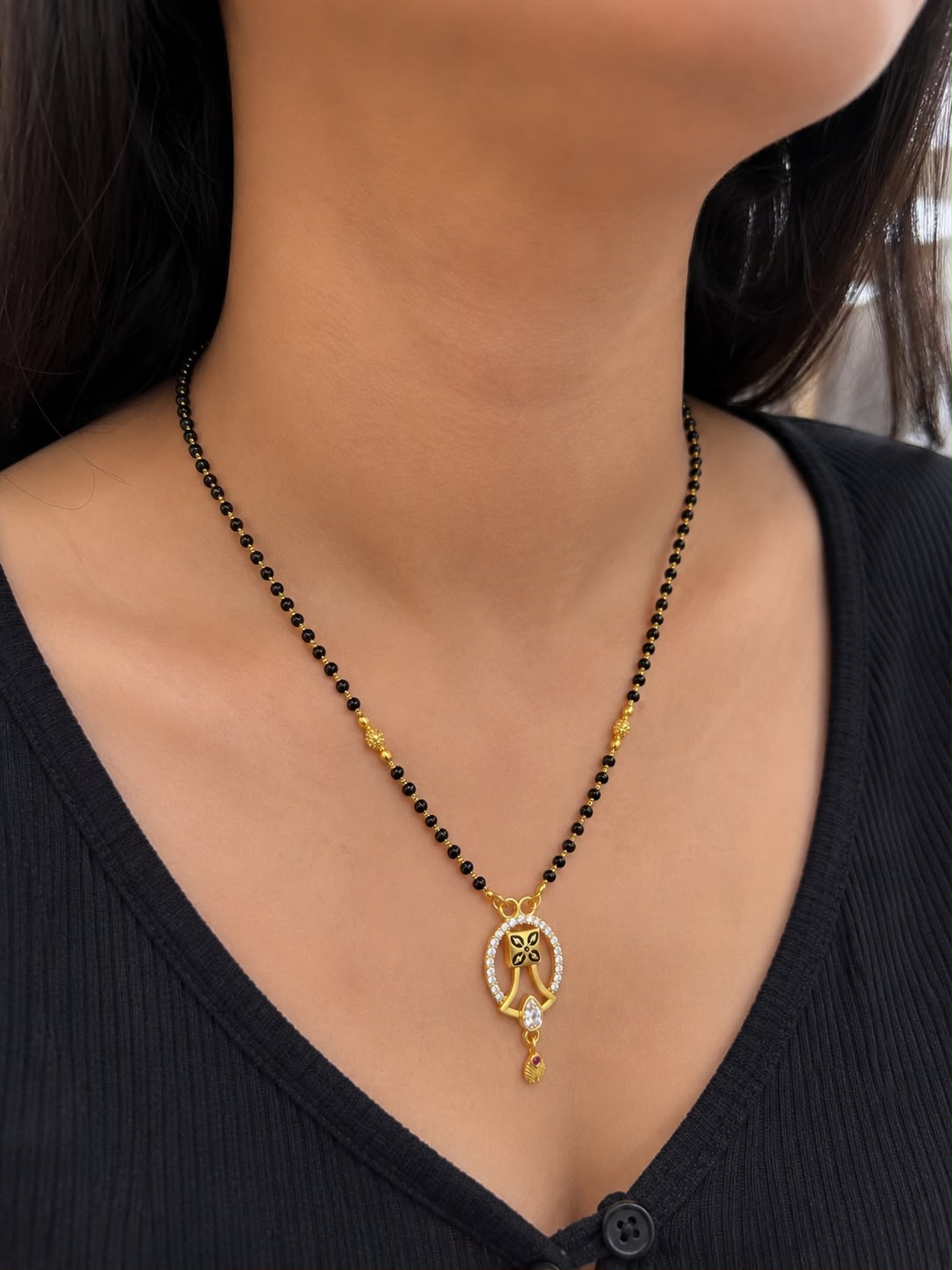 Gold Tone Designer Diamond Mangalsutra for Women | Traditional Black Bead Daily Wear Mangalsutra