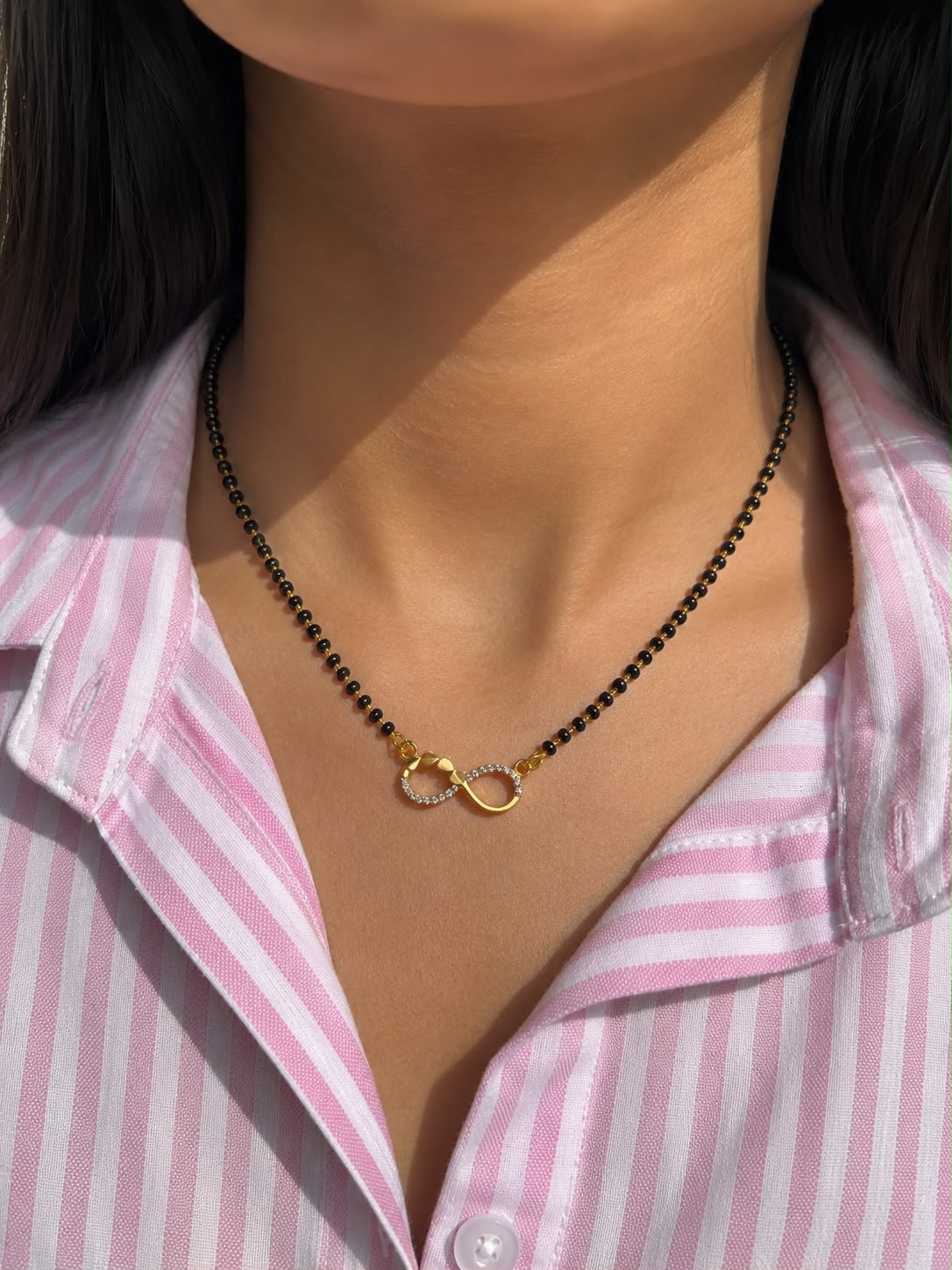 Gold Tone Infinity Diamond Mangalsutra for Women | Minimal Daily Wear Black Bead Mangalsutra