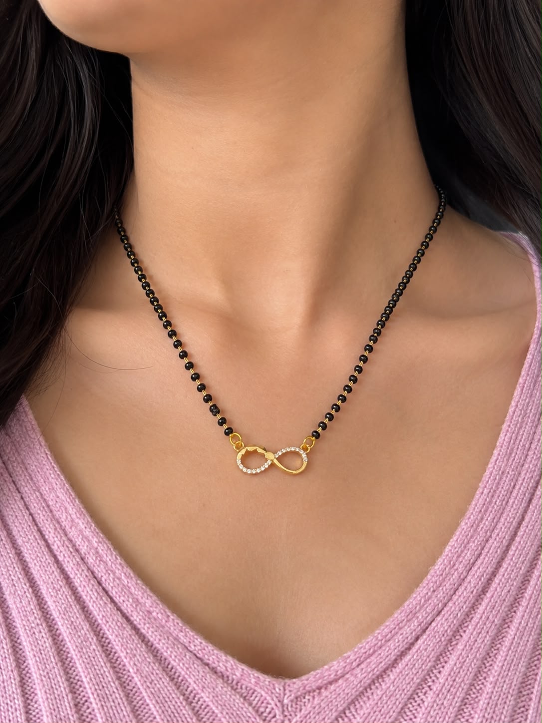 Gold Tone Infinity Diamond Mangalsutra for Women | Minimal Daily Wear Black Bead Mangalsutra