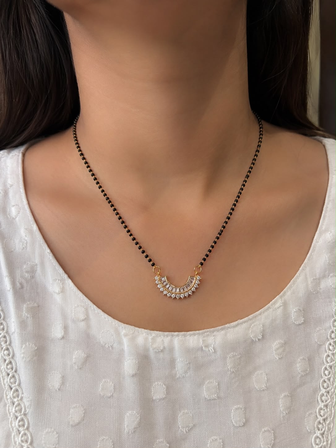 Gold Tone Diamond Mangalsutra for Women | Elegant Half Moon Daily Wear Mangalsutra