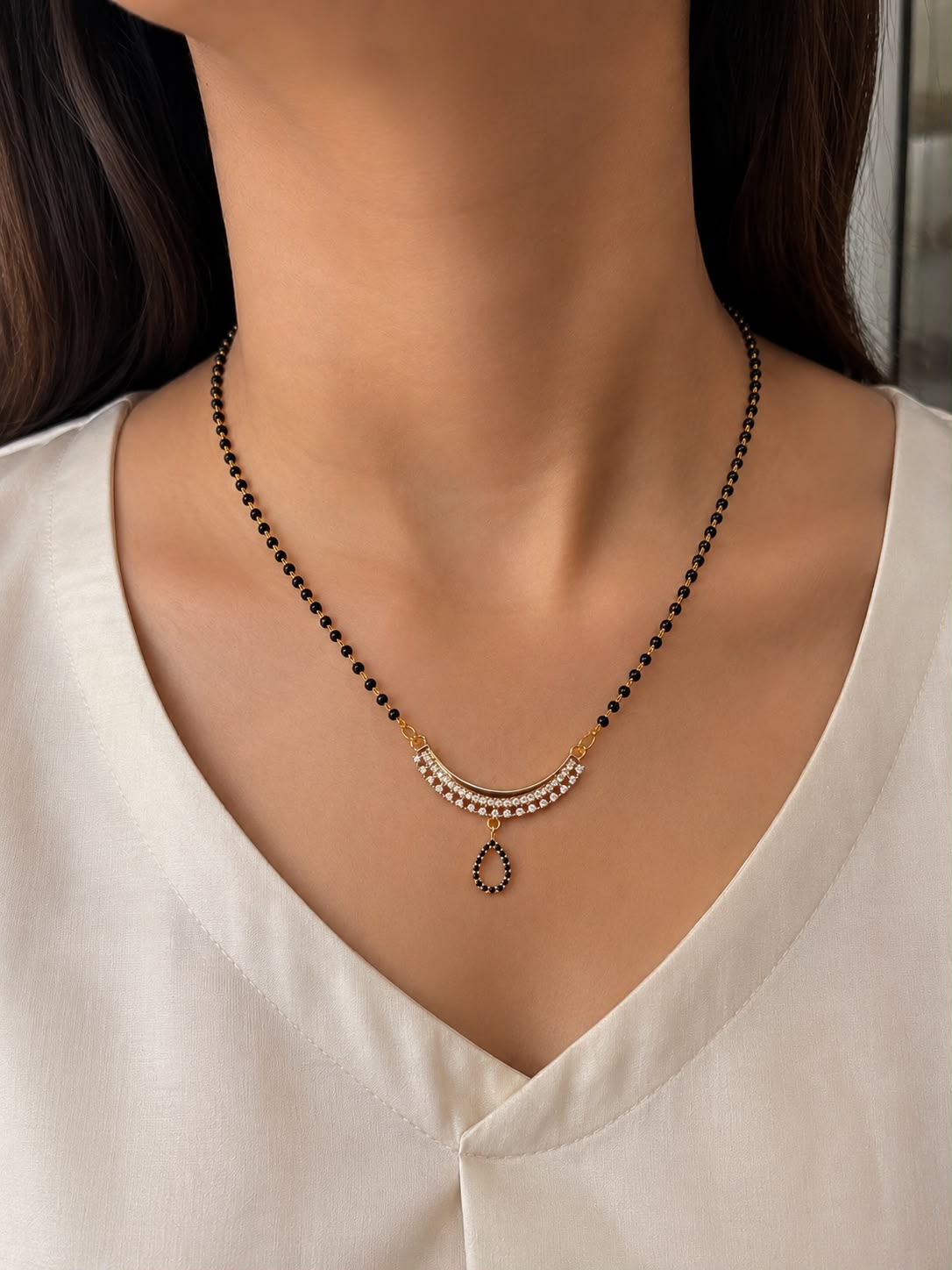 Gold Tone Diamond Curve Drop Mangalsutra for Women | Daily Wear Elegant Mangalsutra