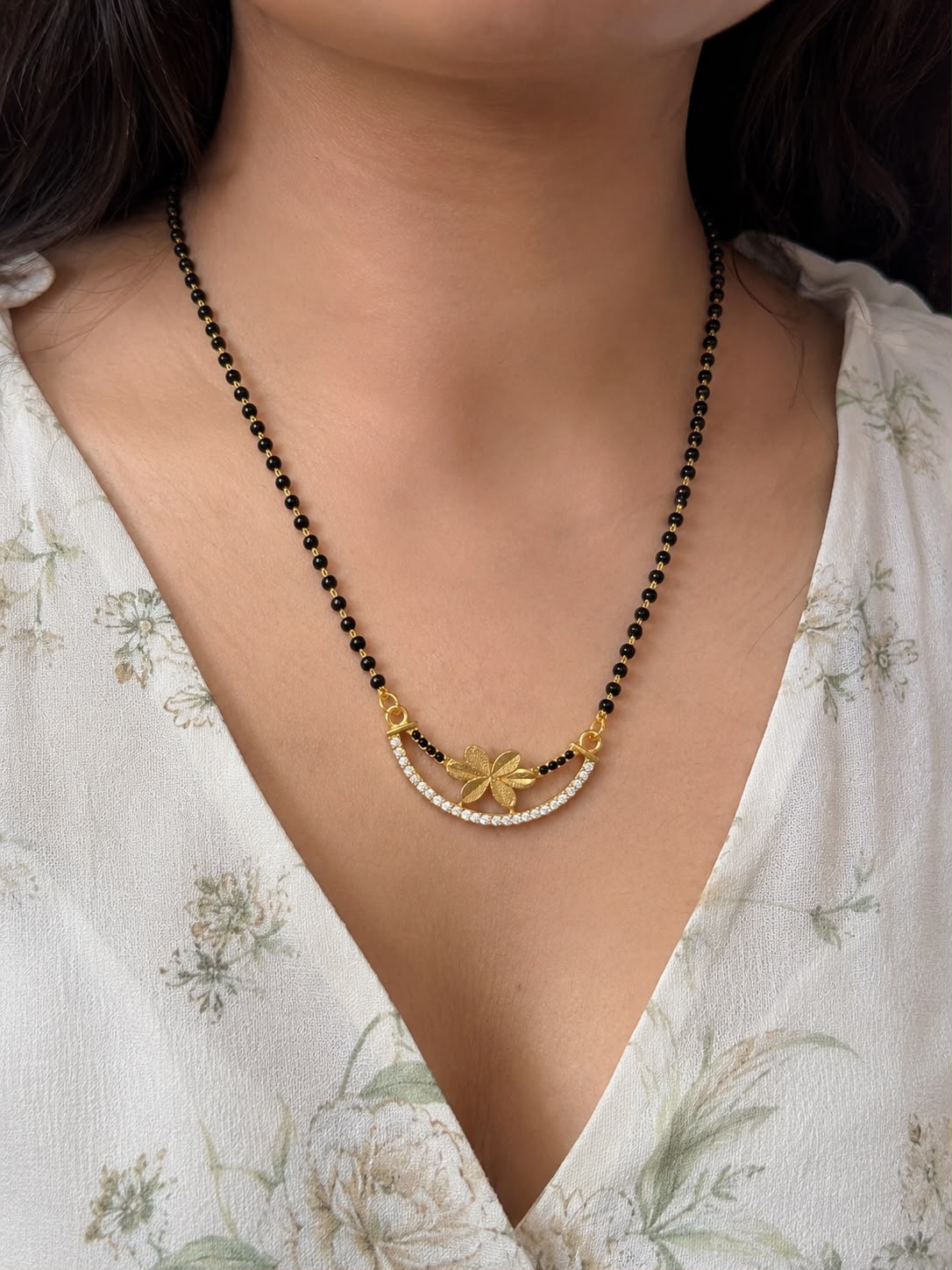 Gold Tone Floral Diamond Mangalsutra for Women | Elegant Daily Wear Mangalsutra