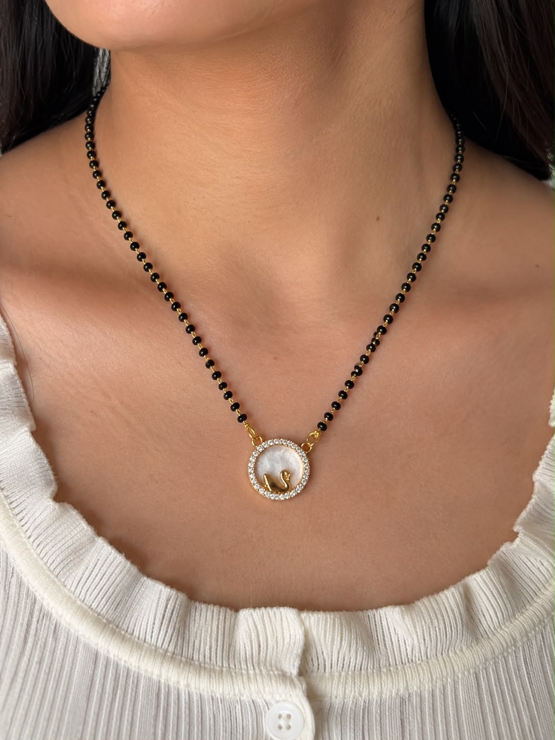 Gold Plated Pearl Initial Mangalsutra for Women | Daily Wear Black Bead Mangalsutra