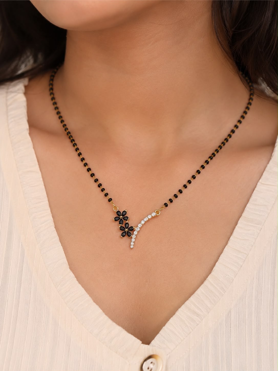 Gold Plated Floral Mangalsutra for Women | Black Bead Daily Wear Mangalsutra | Elegant Flower Pendant