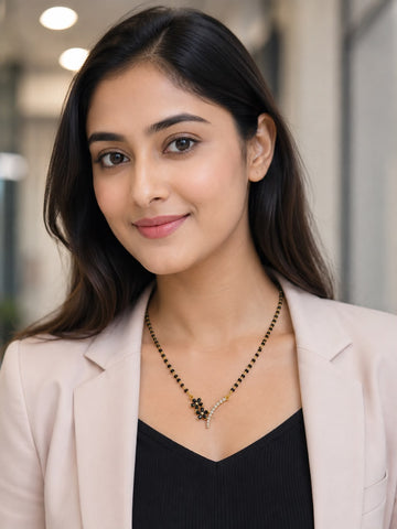 Gold Plated Floral Mangalsutra for Women | Black Bead Daily Wear Mangalsutra | Elegant Flower Pendant
