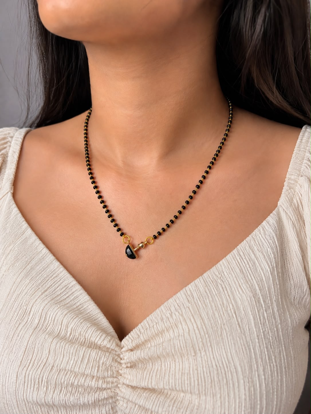 Gold Plated Minimal Mangalsutra for Women | Elegant Black Bead Pendant Mangalsutra